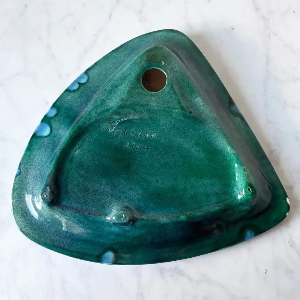 Vintage 1964 Handmade Pottery Ashtray MARLENE Blue Green Drip Glaze Signed